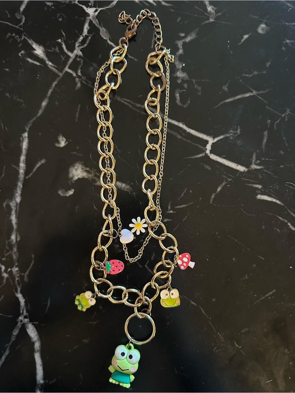 Sanrio Keroppi O-Ring Charm Necklace Gold Tone Strawberry Mushroom 2022
